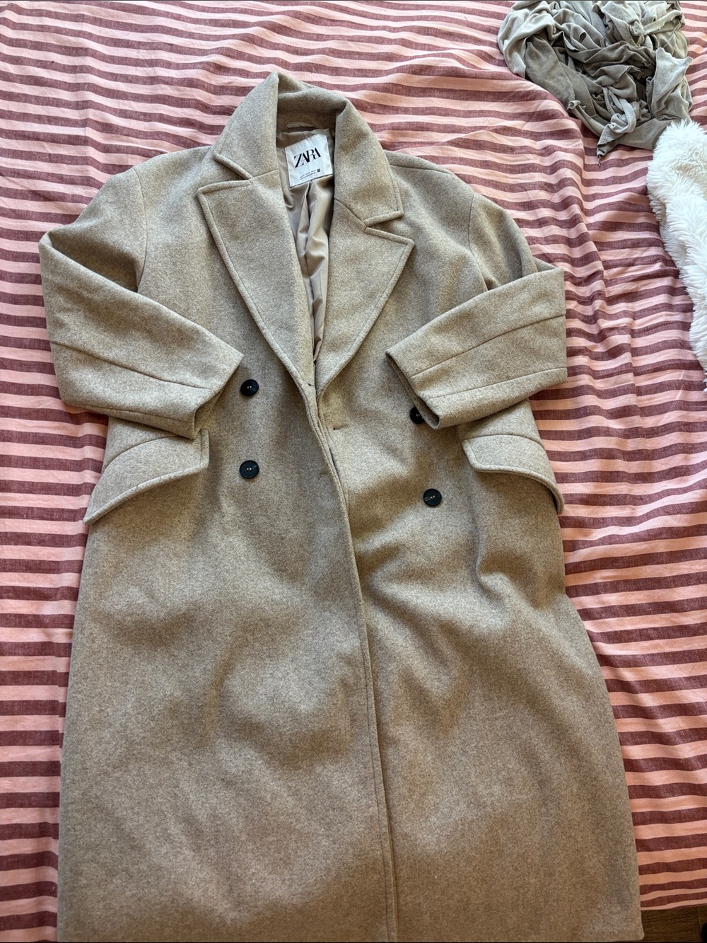 Zara Camel Double-Breasted Wool Coat with Black Buttons